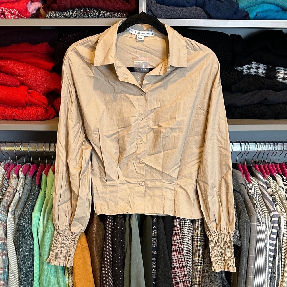 HYFVE oversized tapered tan long sleeve button down shirt size M NWOT